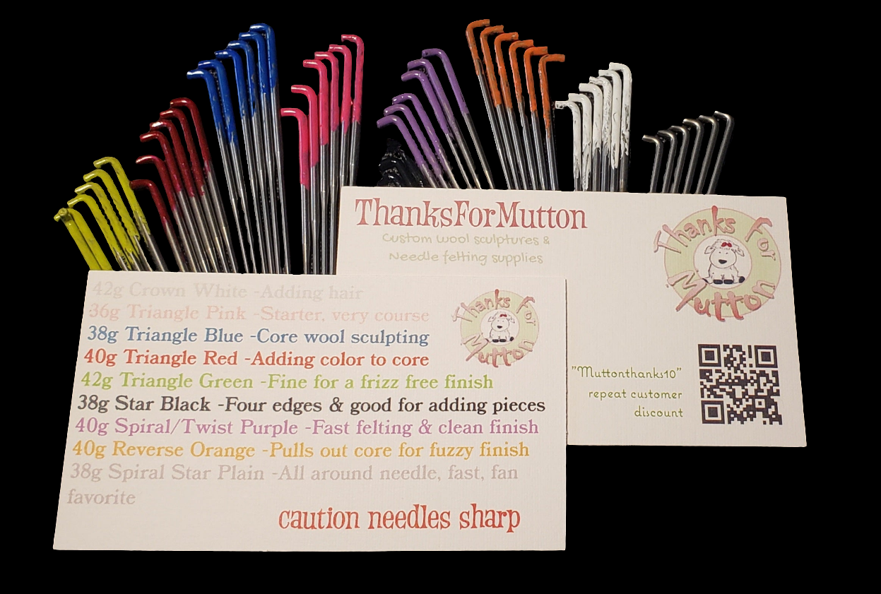 54 needle felting needles, 9 sizes, spiral,4 different sized triangle, star, crown, spiral star combo, reverse, bulk felting needles
