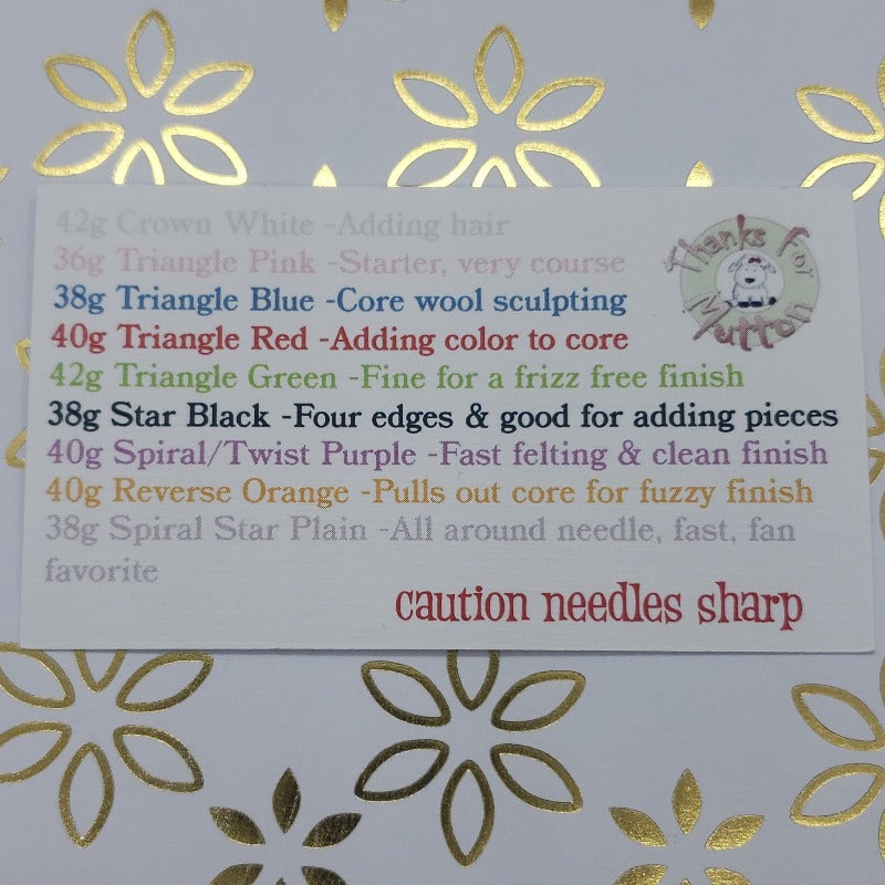 38g sprial-star combination felting needle. 4 edges twisted , Pack of 5, 10 or 20. This is the newest must have felting needle. case included