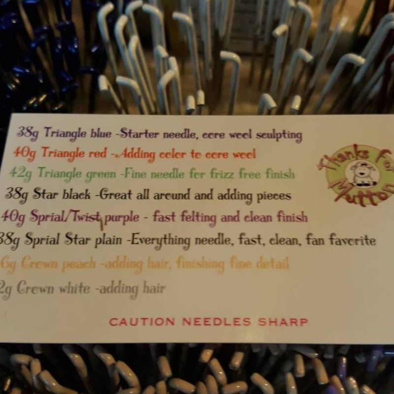 Needle felting needles 12 pack with Crowns. 2 of each 36g 40g 42g Triangle, 40g spiral, 38g Star, & 42g crown