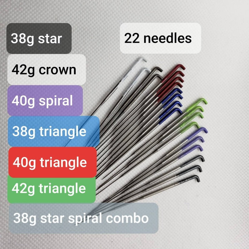 22 mix needle felting needles, 7 kinds. All you will need. Triangle crown spiral star and spiral/star combo.Case incl.