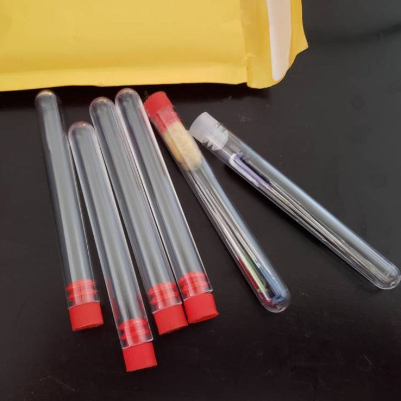 6 Plastic Test tubes needle holder with tight fitting cap. These work perfect for storing, transporting and safe disposal.