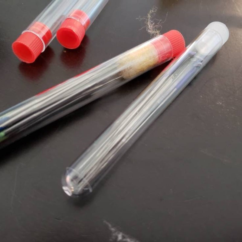 6 Plastic Test tubes needle holder with tight fitting cap. These work perfect for storing, transporting and safe disposal.