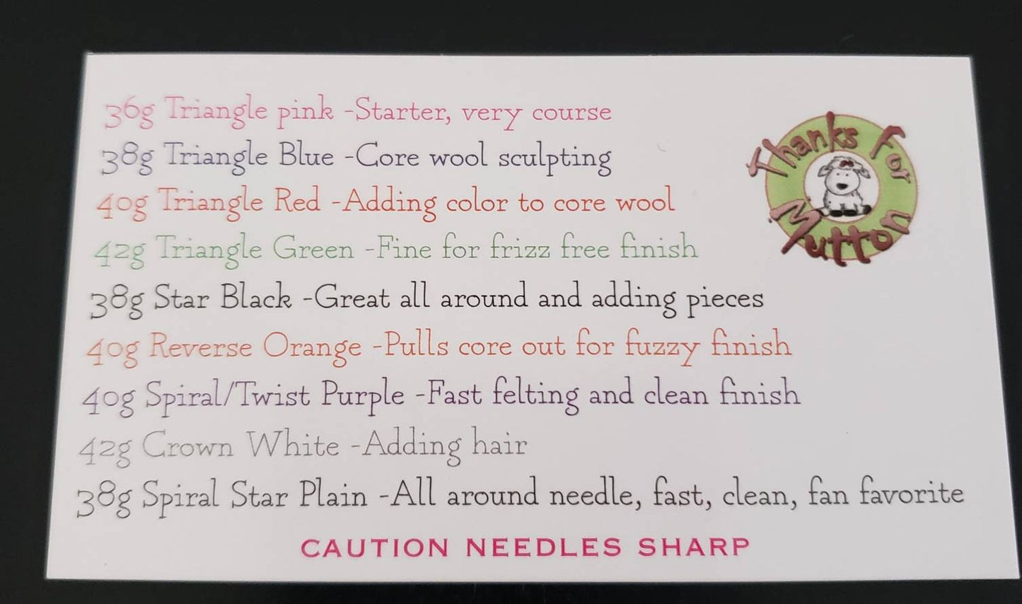 Needle felting needles comfort set. 22 mixed colour coded needles, 5 colored wooden holder, leather finger covers, Full kit felting supplies