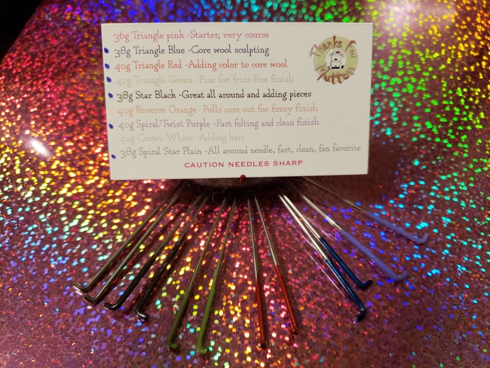 Needle felting needles 12 pack of most used needles.2 of 38g 40g 42g Triangle, 40g spiral, 38g Star, & 38g Star/Spiral combo Canada seller