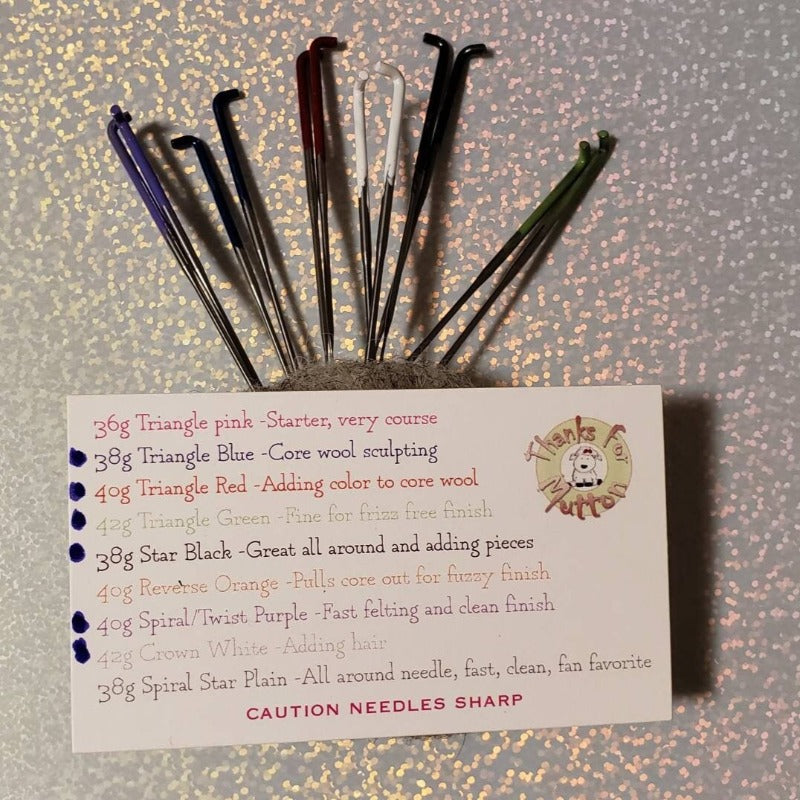 Needle felting needles 12 pack with Crowns. 2 of each 36g 40g 42g Triangle, 40g spiral, 38g Star, & 42g crown
