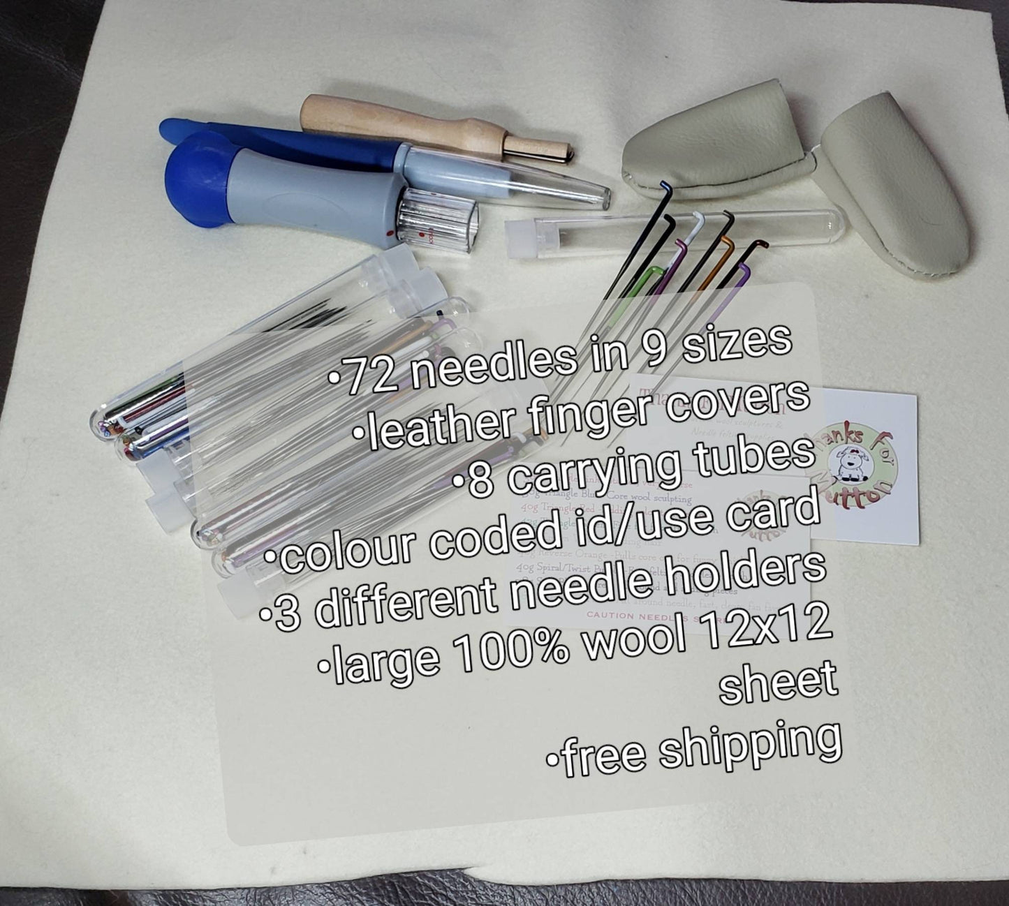 Needle felting kit, high quality 72 needles , big wool sheet, 3 needle felting holders, leather finger covers, felting gift