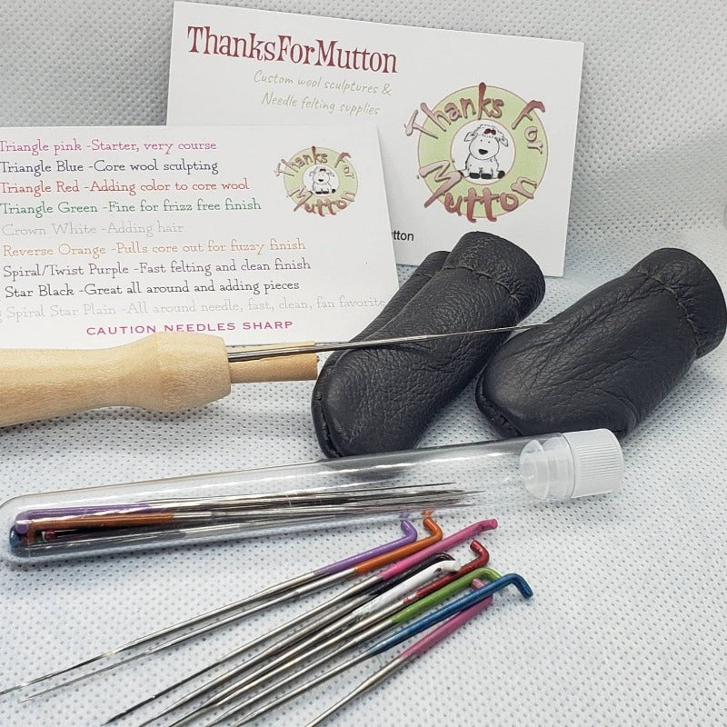 Needle felting needle set, 18 needles. Variety of needles. Spiral star needle, crown needle, reverse, leather finger covers, wood handle