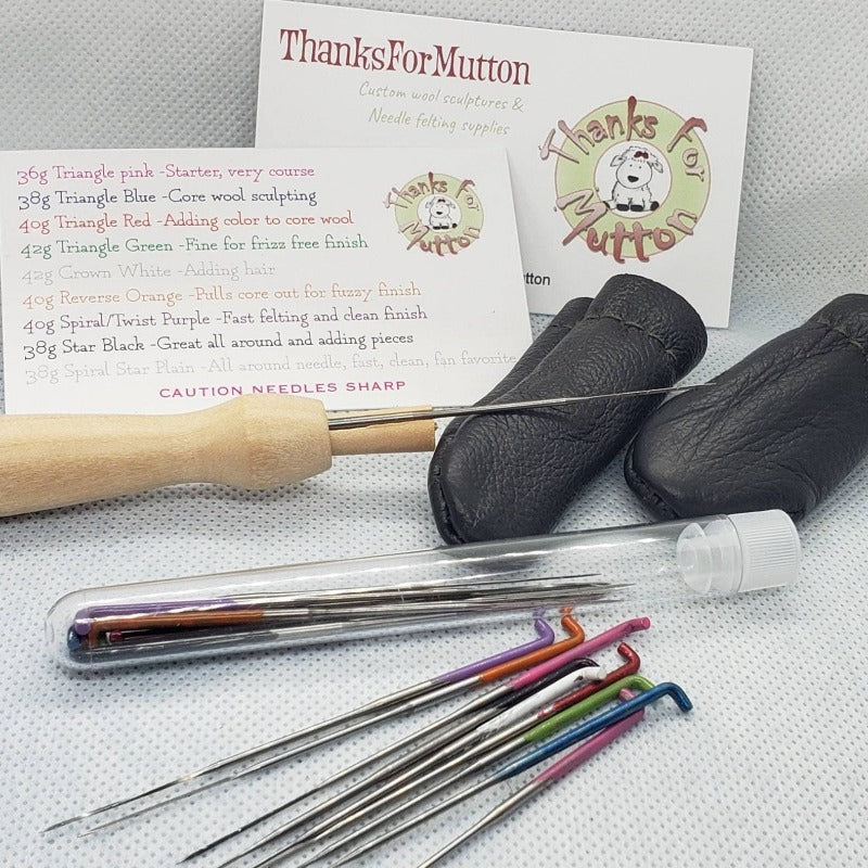 Needle felting needles bulk set 18 needles. All kinds. Includes holder, finger protectors. Reverse, Spiral star combo, crown, triangle, star