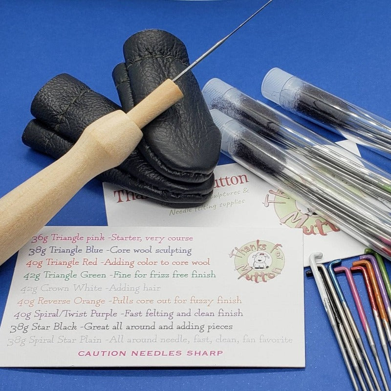 Bulk mixed 36 needle felting needle tool kit, holder & finger protectors, felting gift, Reverse Star Spiral triangle.