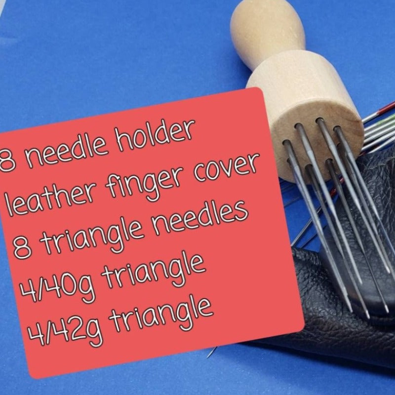 felting wood holder set for 8 needles. Comes with leather finger covers, 40g / 42g triangle needles. Perfect for frizz free finish.