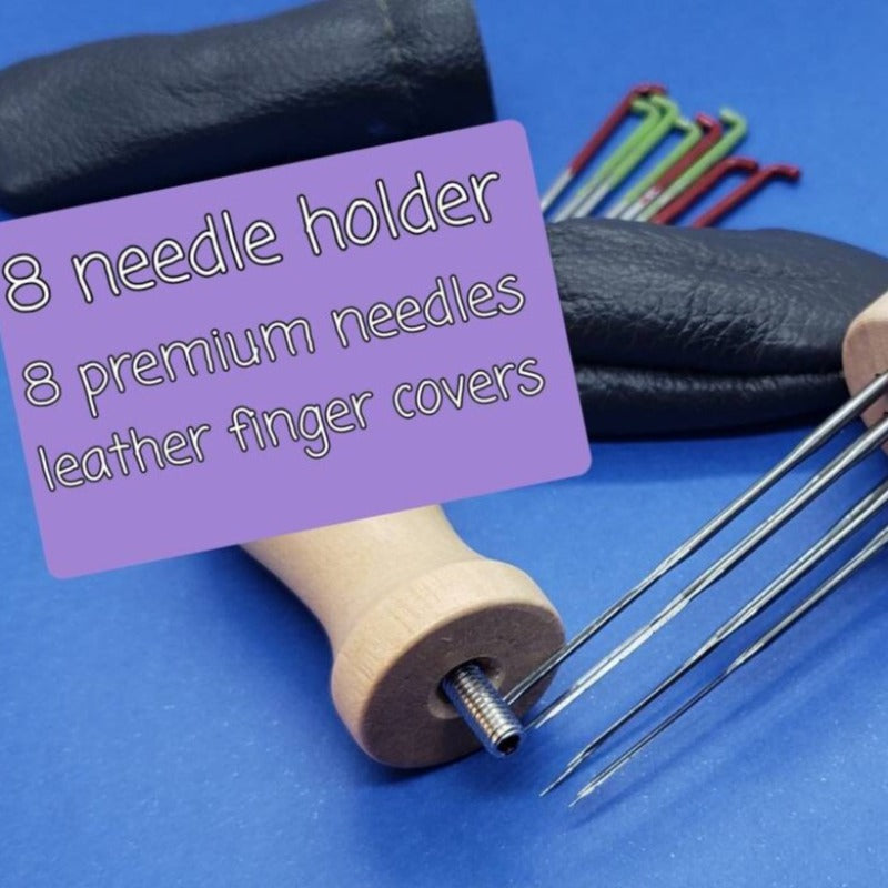 felting wood holder set for 8 needles. Comes with leather finger covers, 40g / 42g triangle needles. Perfect for frizz free finish.