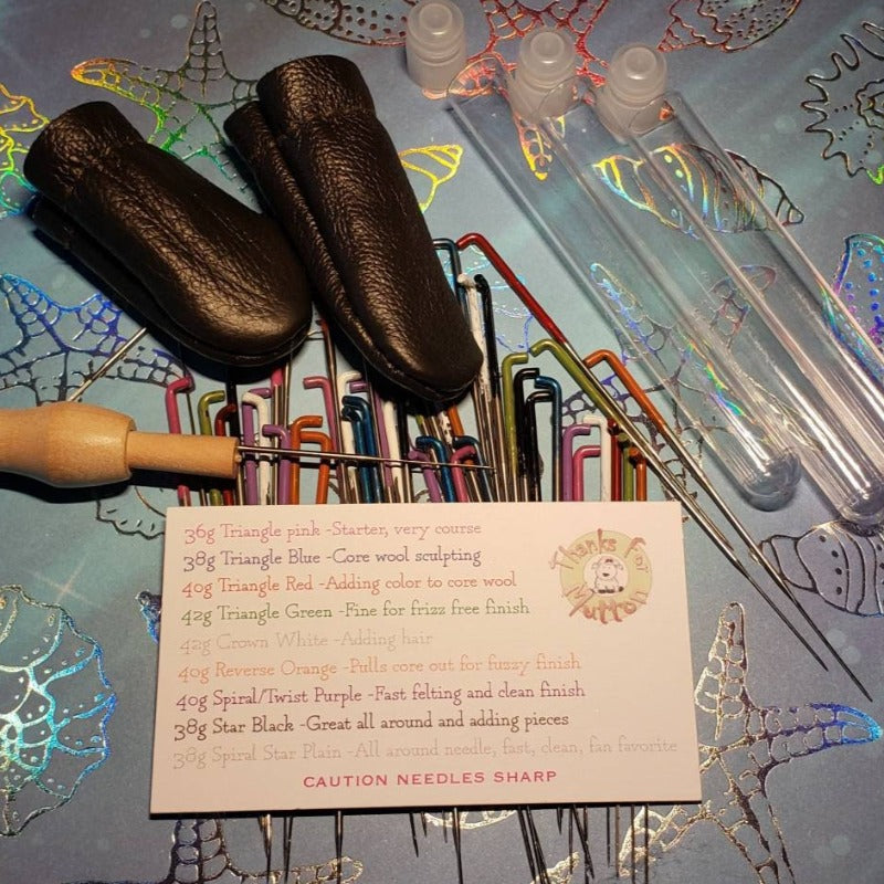 21 Needle felting needle set, wood holder, leather finger protector, Reverse needle, Star needle, spiral combo, triangle needles,