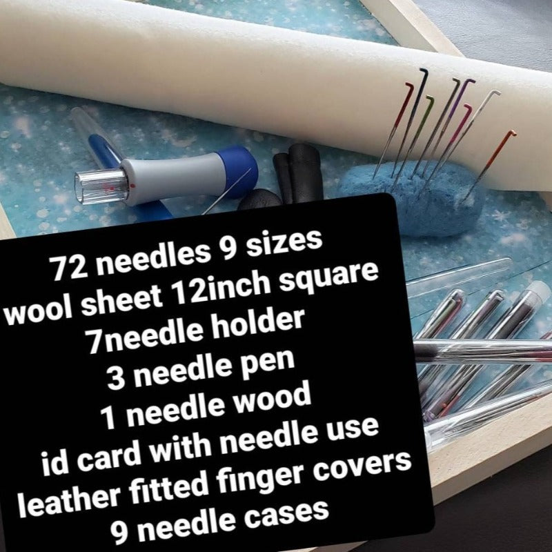 Needle felting kit, high quality 72 needles , big wool sheet, 3 needle felting holders, leather finger covers, felting gift
