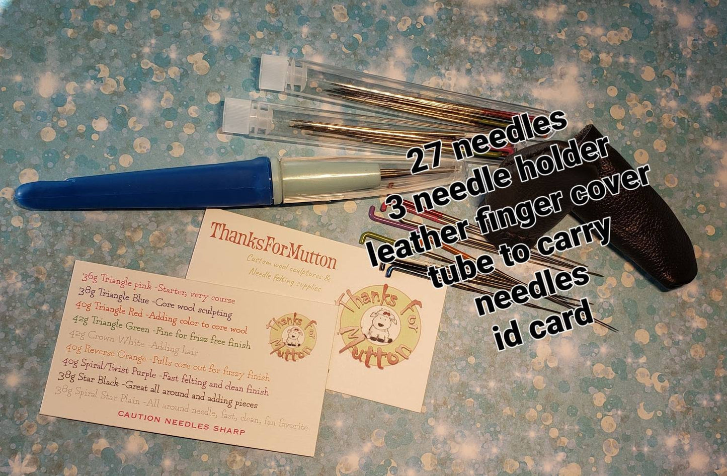 Starter needle felting kit, 27 felting needles, 3 pen holder, leather finger covers, id card, needle mix, wool crafts