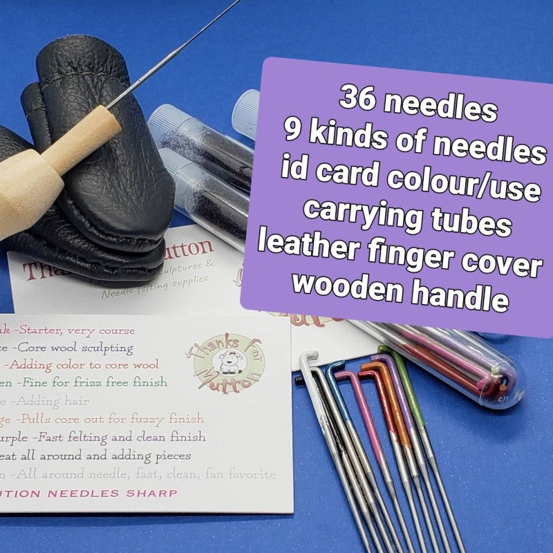 Bulk mixed 36 needle felting needle tool kit, holder & finger protectors, felting gift, Reverse Star Spiral triangle.