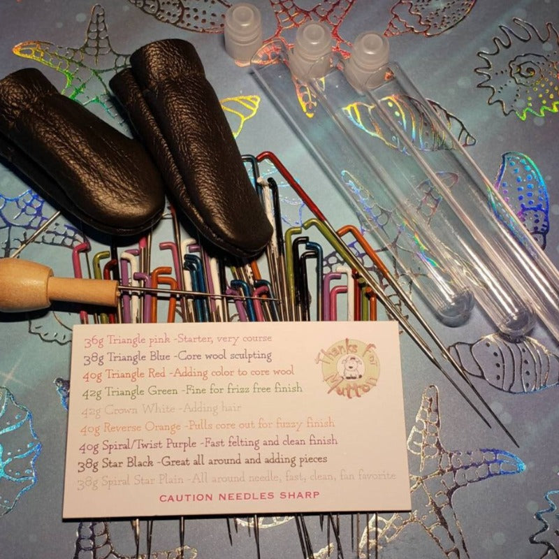 Bulk mixed 36 needle felting needle tool kit, holder & finger protectors, felting gift, Reverse Star Spiral triangle.