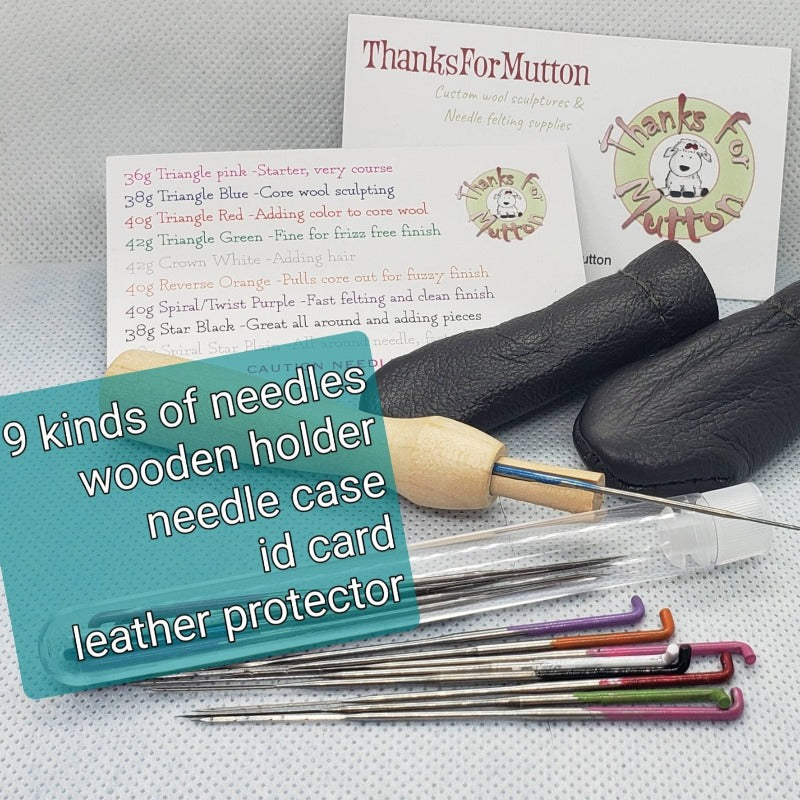 Bulk mixed 36 needle felting needle tool kit, holder & finger protectors, felting gift, Reverse Star Spiral triangle.