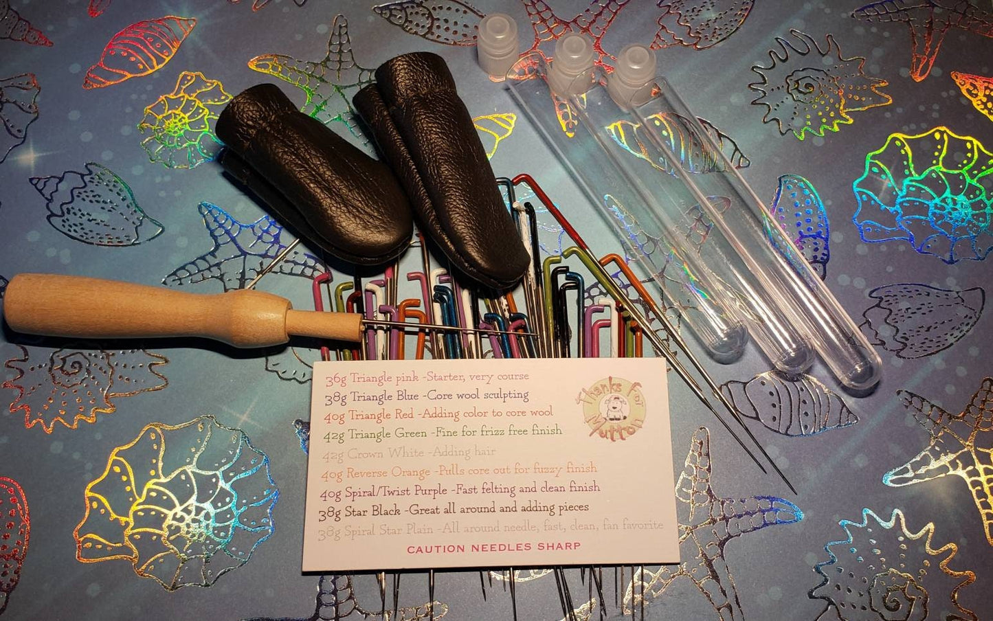Needle felting needles comfort set. 22 mixed colour coded needles, 5 colored wooden holder, leather finger covers, Full kit felting supplies