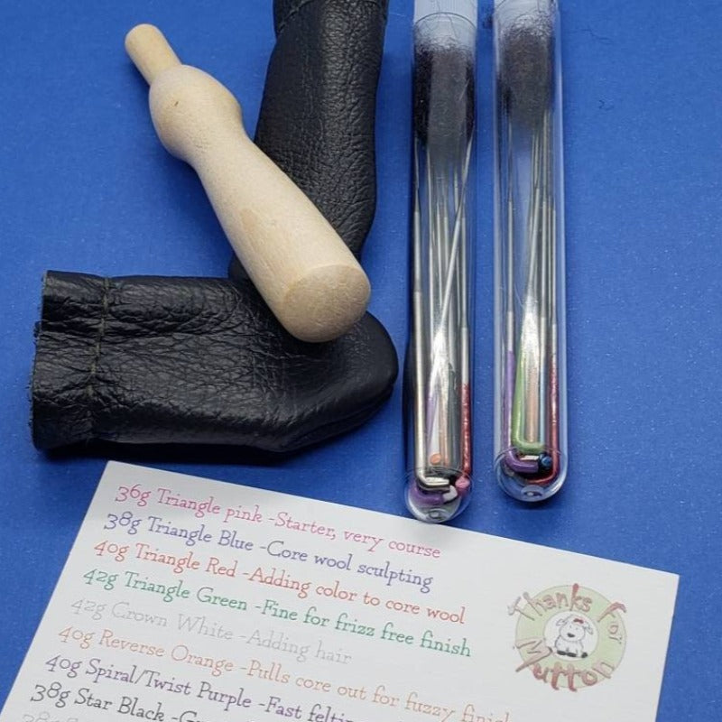 21 Needle felting needle set, wood holder, leather finger protector, Reverse needle, Star needle, spiral combo, triangle needles,