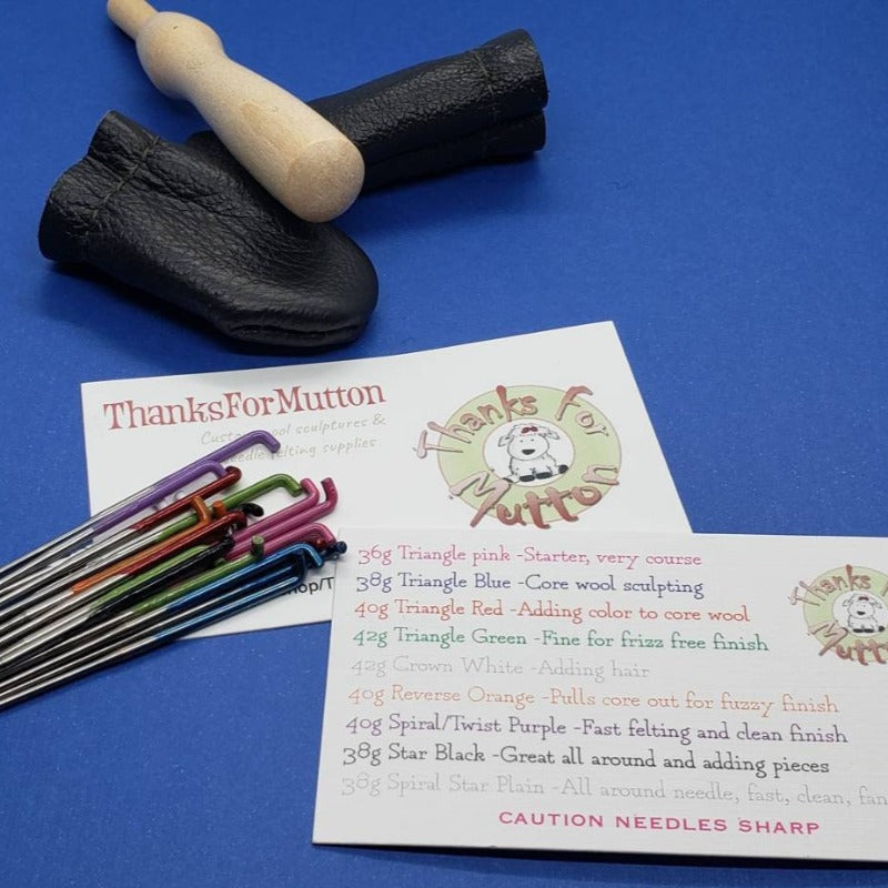 21 Needle felting needle set, wood holder, leather finger protector, Reverse needle, Star needle, spiral combo, triangle needles,