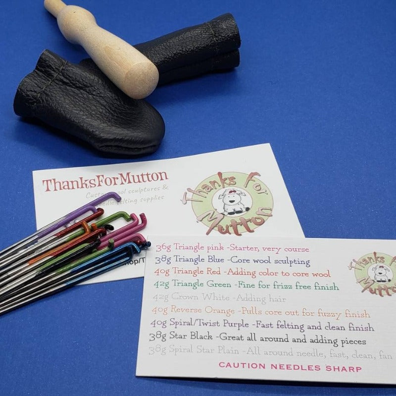 21 Needle felting needle set, wood holder, leather finger protector, Reverse needle, Star needle, spiral combo, triangle needles,