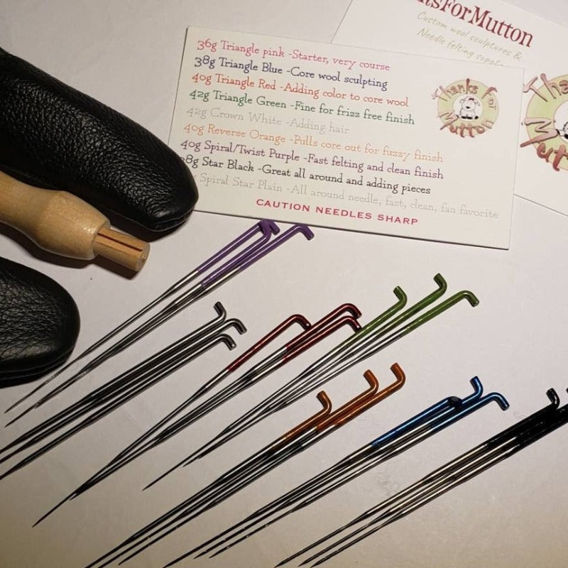 21 Needle felting needle set, wood holder, leather finger protector, Reverse needle, Star needle, spiral combo, triangle needles,