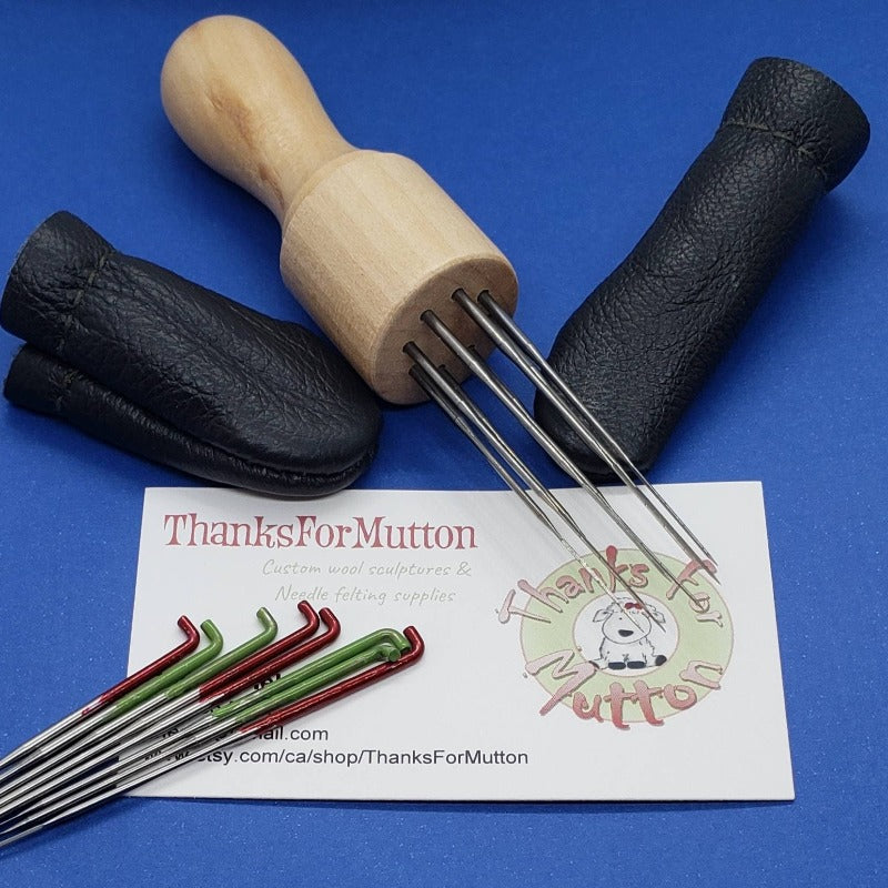 100 Needle felting kit, fully loaded, mixed needles, labelled handles, wood needle holder, wool sheet, finger covers, Star, star spiral combo, twist, reverse, triangle, crown,