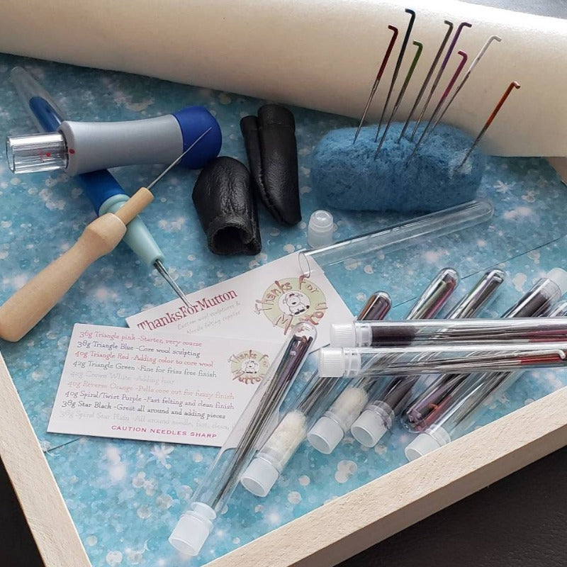 100 Needle felting kit, fully loaded, mixed needles, labelled handles, wood needle holder, wool sheet, finger covers, Star, star spiral combo, twist, reverse, triangle, crown,