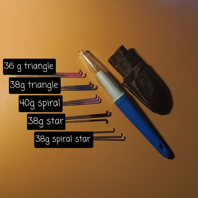 Coarse needle felting set. 15 needles, 3 pen holder, leather finger cover, 36g and 38g triangle, 38g star, 40g spiral, 38g star spiral combo