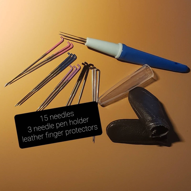 Coarse needle felting set. 15 needles, 3 pen holder, leather finger cover, 36g and 38g triangle, 38g star, 40g spiral, 38g star spiral combo