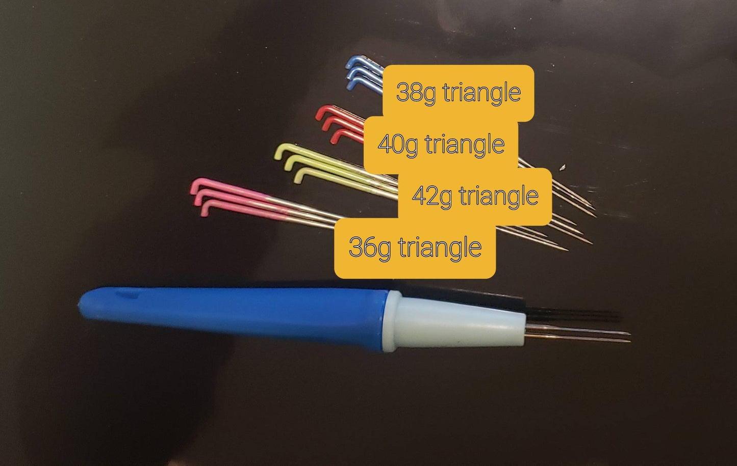 Triangle needle felting set. 12 needles, 3 pen holder, leather finger cover, 3 of 36g 38g 40g and 42g triangle needles