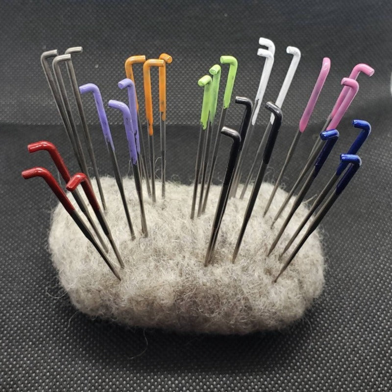 Needle felting needle set, 18 needles. Variety of needles. Spiral star needle, crown needle, reverse,  leather finger covers, wood handle