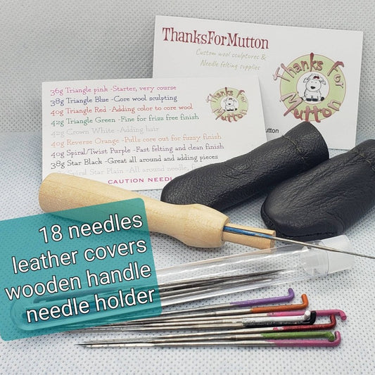 Needle felting needle set, 18 needles. Variety of needles. Spiral star needle, crown needle, reverse,  leather finger covers, wood handle