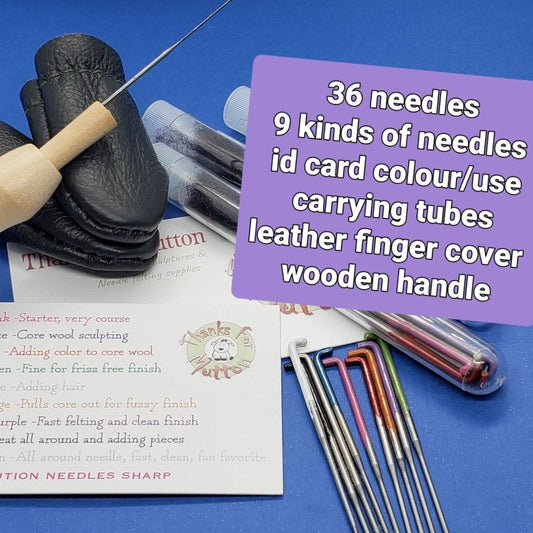 Bulk mixed 36 needle felting needle tool kit,  holder & finger protectors, felting gift,  Reverse Star Spiral triangle.