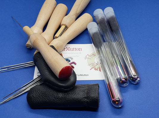 Needle felting needles comfort set. 22 mixed colour coded needles, 5 colored wooden holder, leather finger covers, Full kit felting supplies