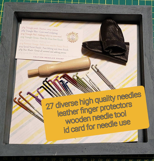 Bulk set 27 needle felting needles.All kinds. Includes holder & finger protectors. Reverse, Star Spiral combo, triangle, star, spiral anf crown.